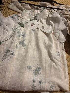 Ivory Floral Cheongsam-Inspired Dress with Mint Trim